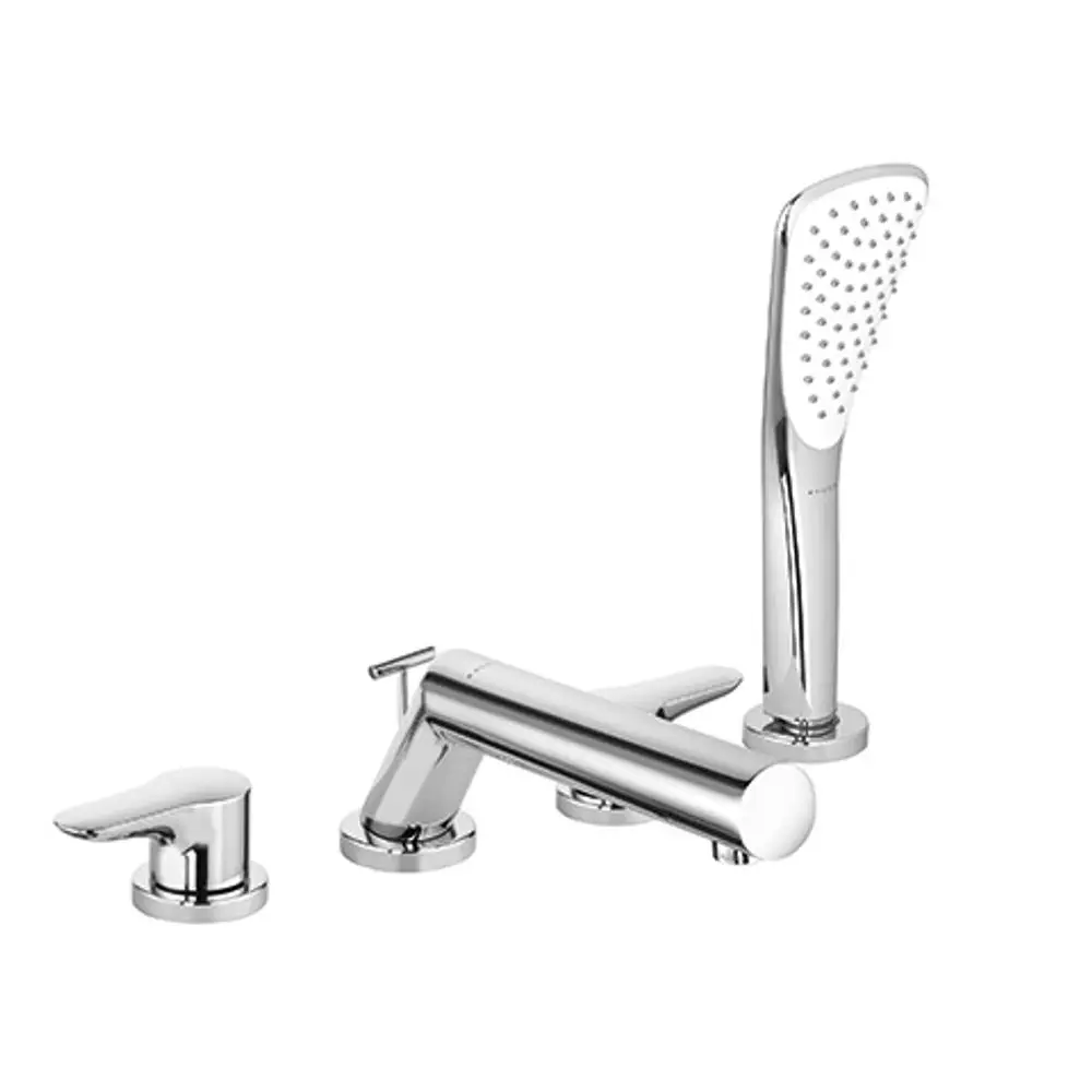 Wannenrandarmatur von Kludi mit vier Auslässen. Ausstattung umfasst einen Wasserhahn und eine Handbrause, beide in chromfarbener Ausführung.
